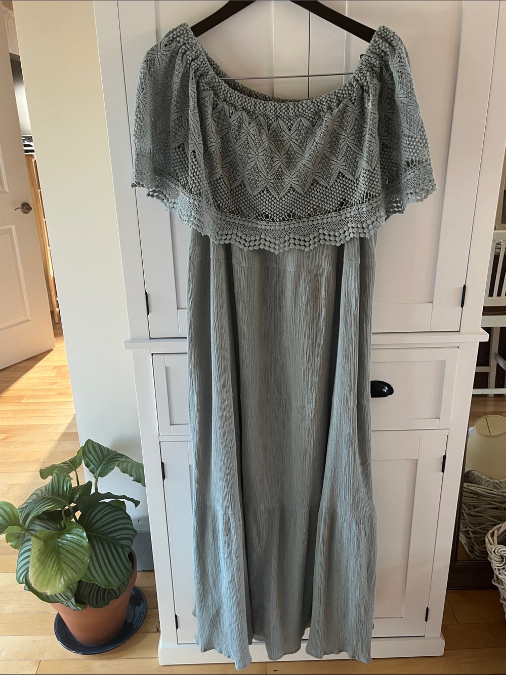 Soft Surroundings Sage Green Off-Shoulder Crochet Yoke Maxi Dress